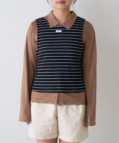 【CIAOPANIC TYPY】條紋背心疊穿翻領透視剪裁襯衫