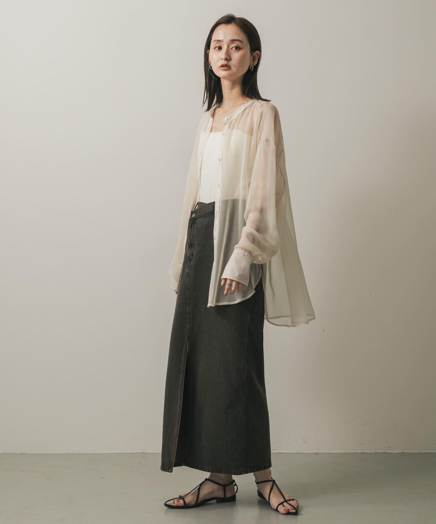 立領香檳色薄紗襯衫