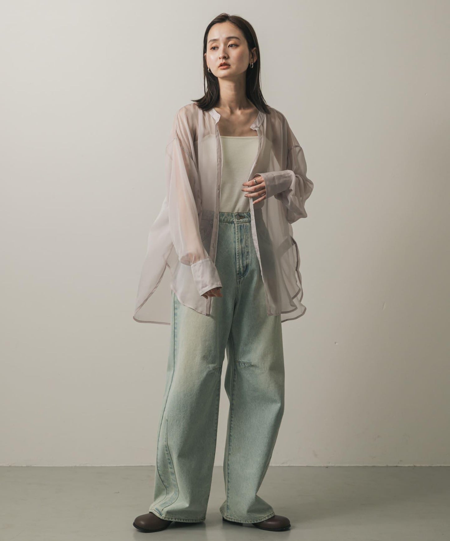 立領香檳色薄紗襯衫