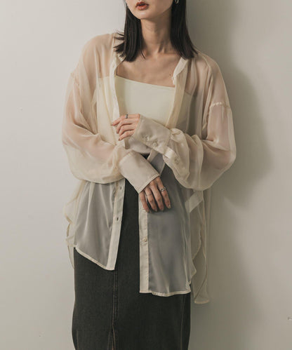 立領香檳色薄紗襯衫