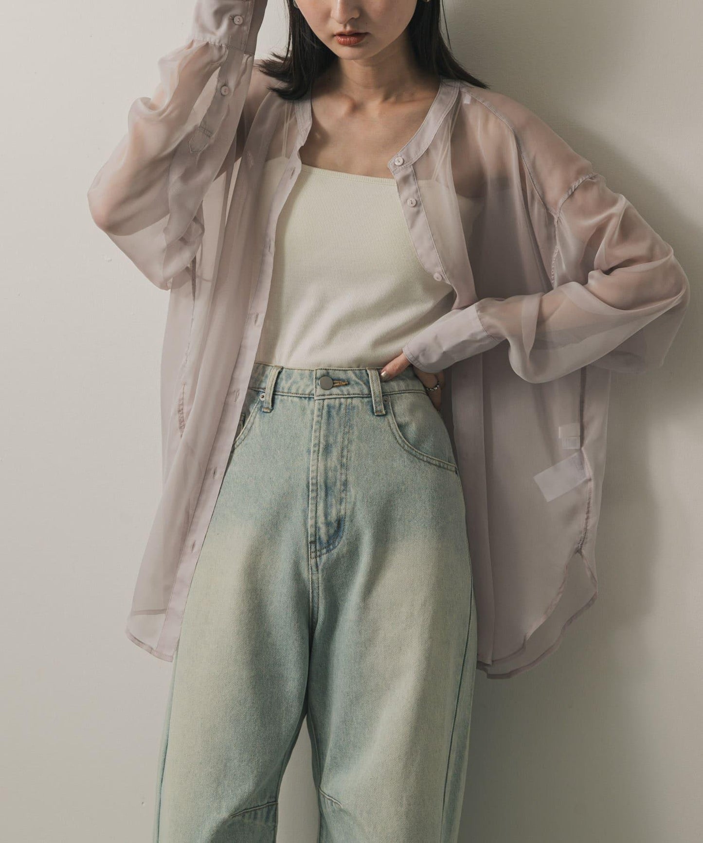 立領香檳色薄紗襯衫