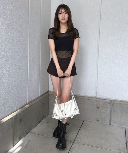 mline 半袖印花網紗上衣