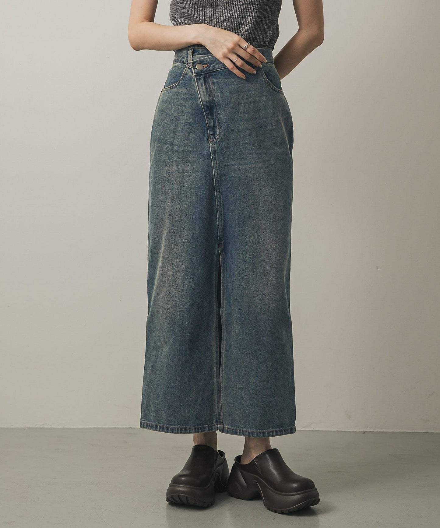 不對稱腰帶牛仔半身裙