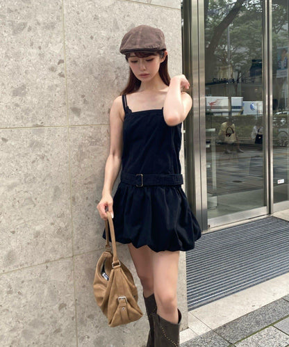 帶腰帶的軍事風連體氣球裙連衣裙