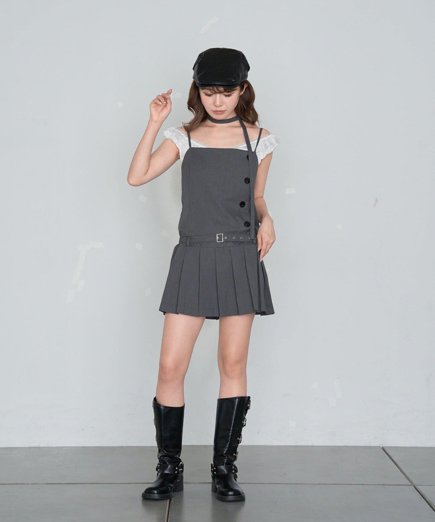 RAY CASSIN 按扣設計 百褶 吊帶迷你連衣裙