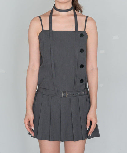 RAY CASSIN 按扣設計 百褶 吊帶迷你連衣裙