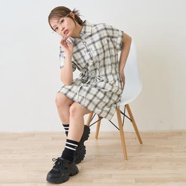 【棉100%】格紋法式短袖襯衫連衣裙