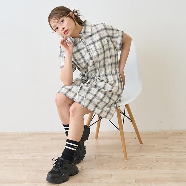 【棉100%】格紋法式短袖襯衫連衣裙