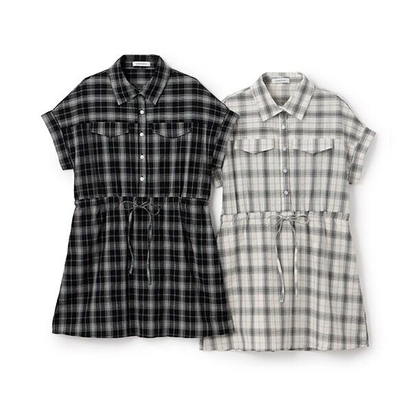 【棉100%】格紋法式短袖襯衫連衣裙