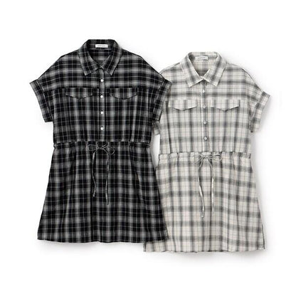 【棉100%】格紋法式短袖襯衫連衣裙