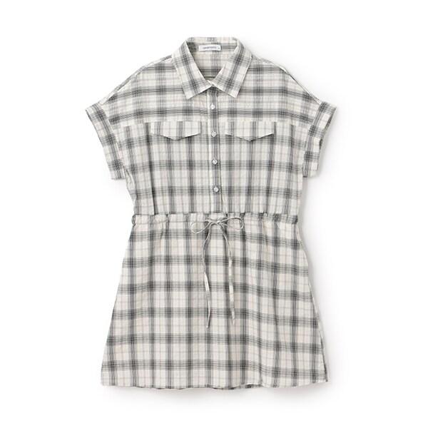 【棉100%】格紋法式短袖襯衫連衣裙