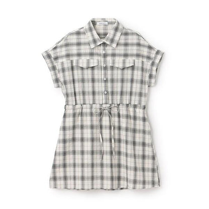 【棉100%】格紋法式短袖襯衫連衣裙
