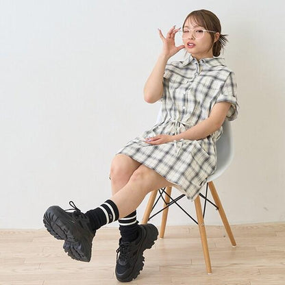 【棉100%】格紋法式短袖襯衫連衣裙