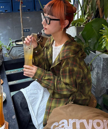 【亞卡企劃】帶食物口袋的混搭加工格子襯衫