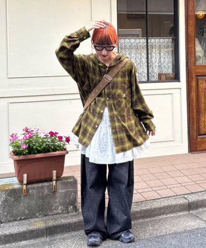 【亞卡企劃】帶食物口袋的混搭加工格子襯衫