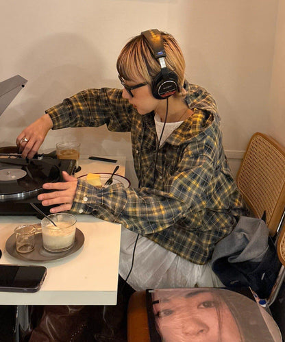 【亞卡企劃】帶食物口袋的混搭加工格子襯衫