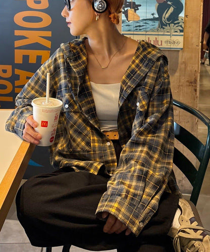 【亞卡企劃】帶食物口袋的混搭加工格子襯衫