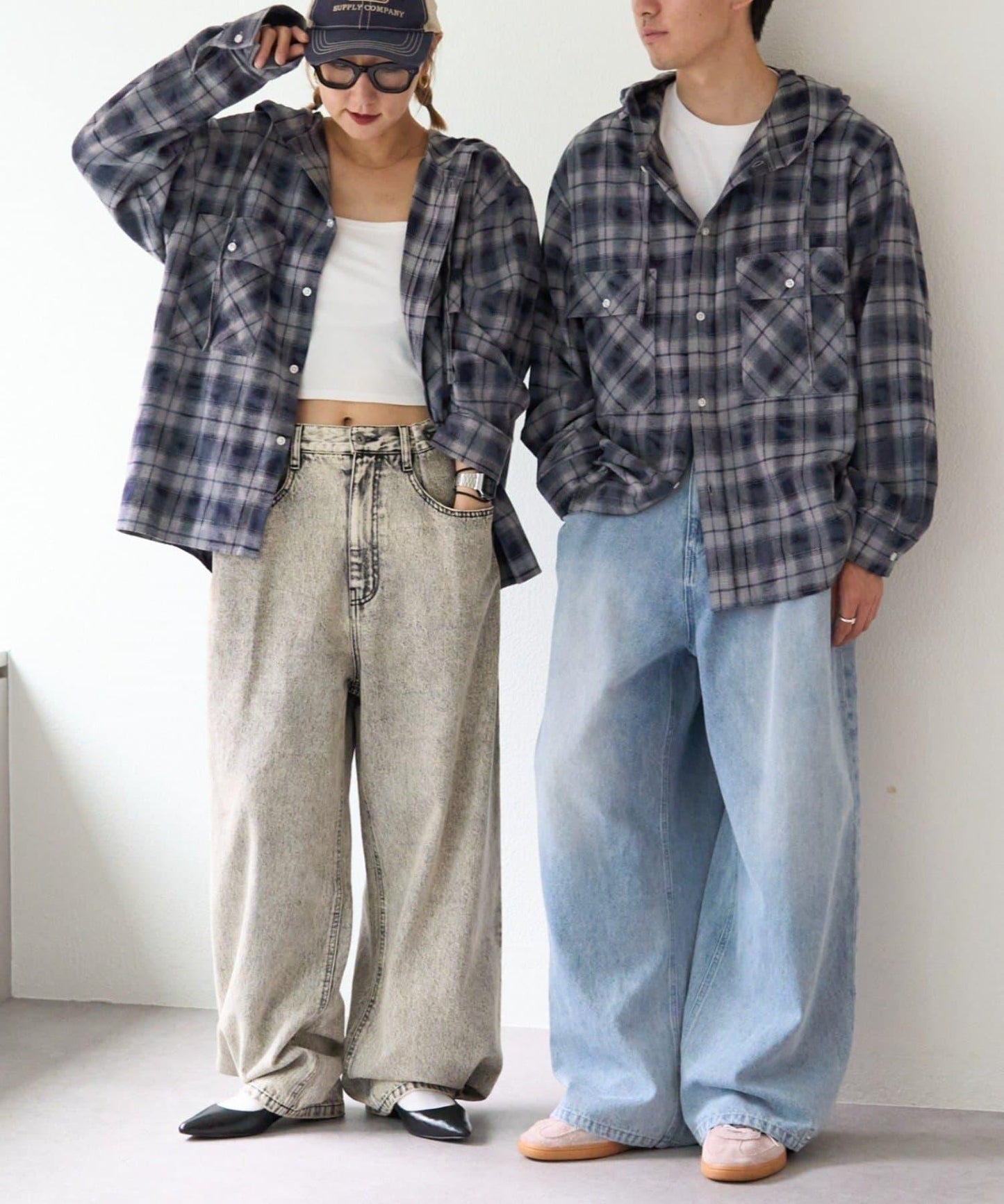 【亞卡企劃】帶食物口袋的混搭加工格子襯衫