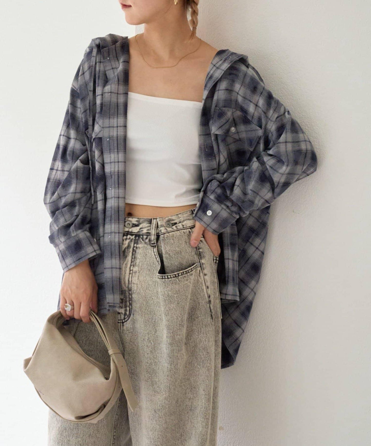 【亞卡企劃】帶食物口袋的混搭加工格子襯衫