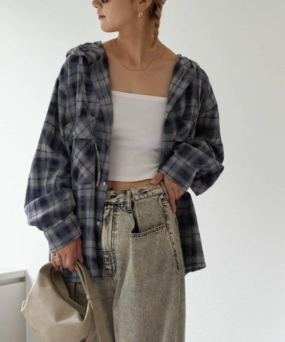 【亞卡企劃】帶食物口袋的混搭加工格子襯衫