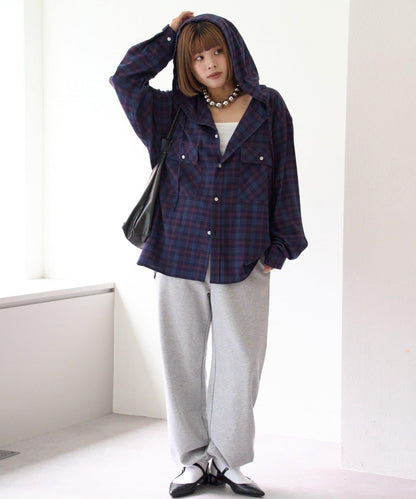 【亞卡企劃】帶食物口袋的混搭加工格子襯衫