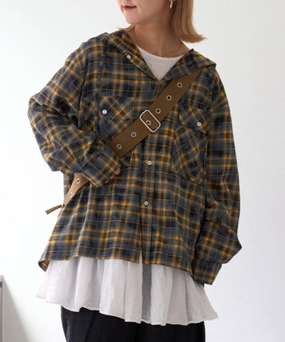 【亞卡企劃】帶食物口袋的混搭加工格子襯衫