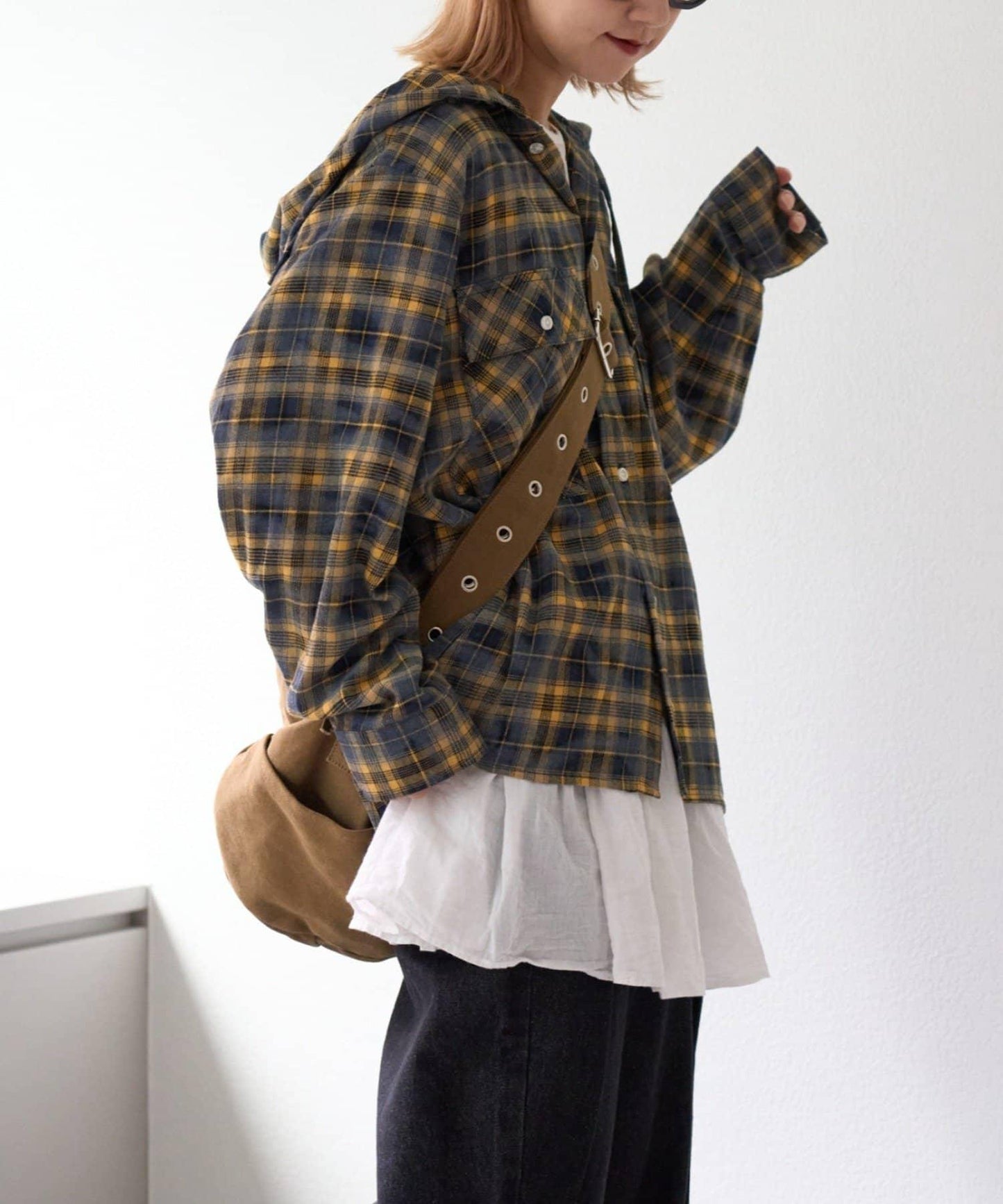 【亞卡企劃】帶食物口袋的混搭加工格子襯衫