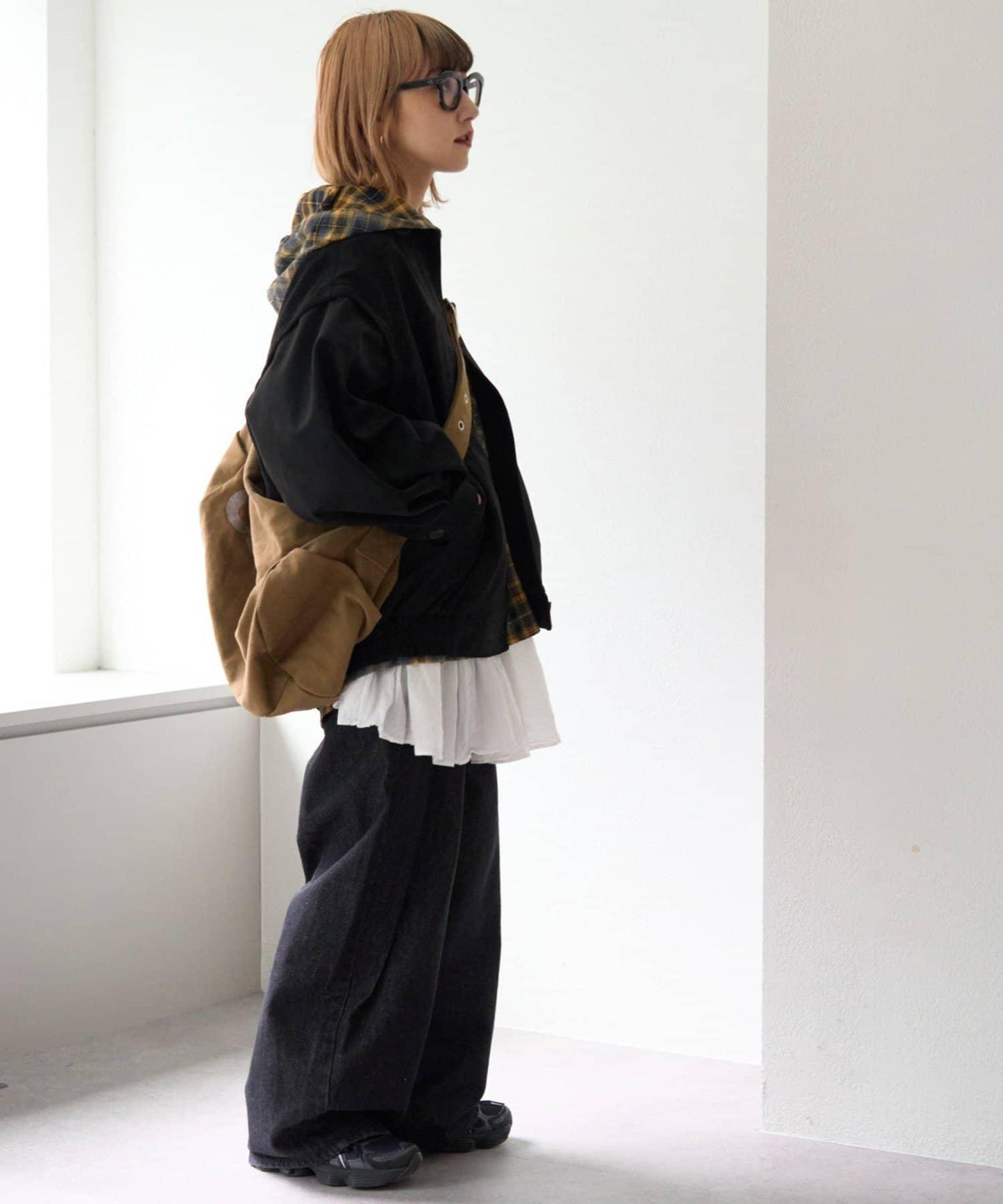 【亞卡企劃】帶食物口袋的混搭加工格子襯衫