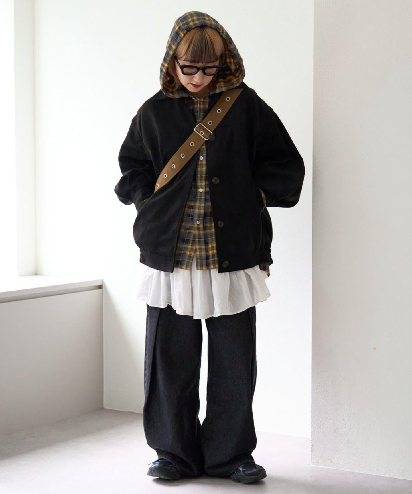 【亞卡企劃】帶食物口袋的混搭加工格子襯衫