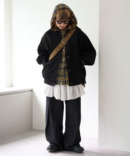 【亞卡企劃】帶食物口袋的混搭加工格子襯衫