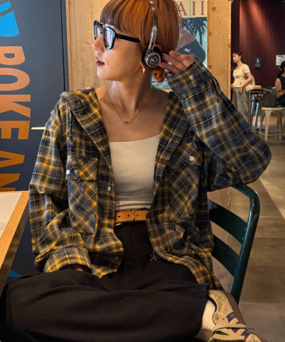 【亞卡企劃】帶食物口袋的混搭加工格子襯衫