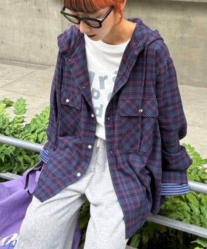 【亞卡企劃】帶食物口袋的混搭加工格子襯衫