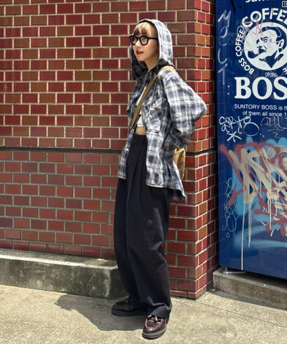 【亞卡企劃】帶食物口袋的混搭加工格子襯衫