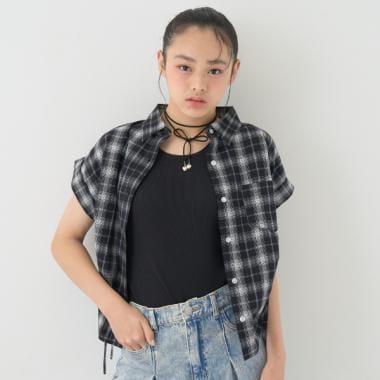 【純棉100%】格紋無袖抽繩襯衫