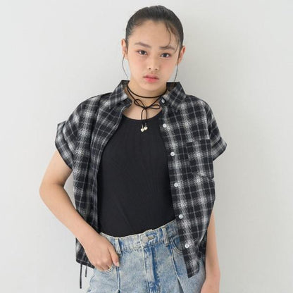 【純棉100%】格紋無袖抽繩襯衫