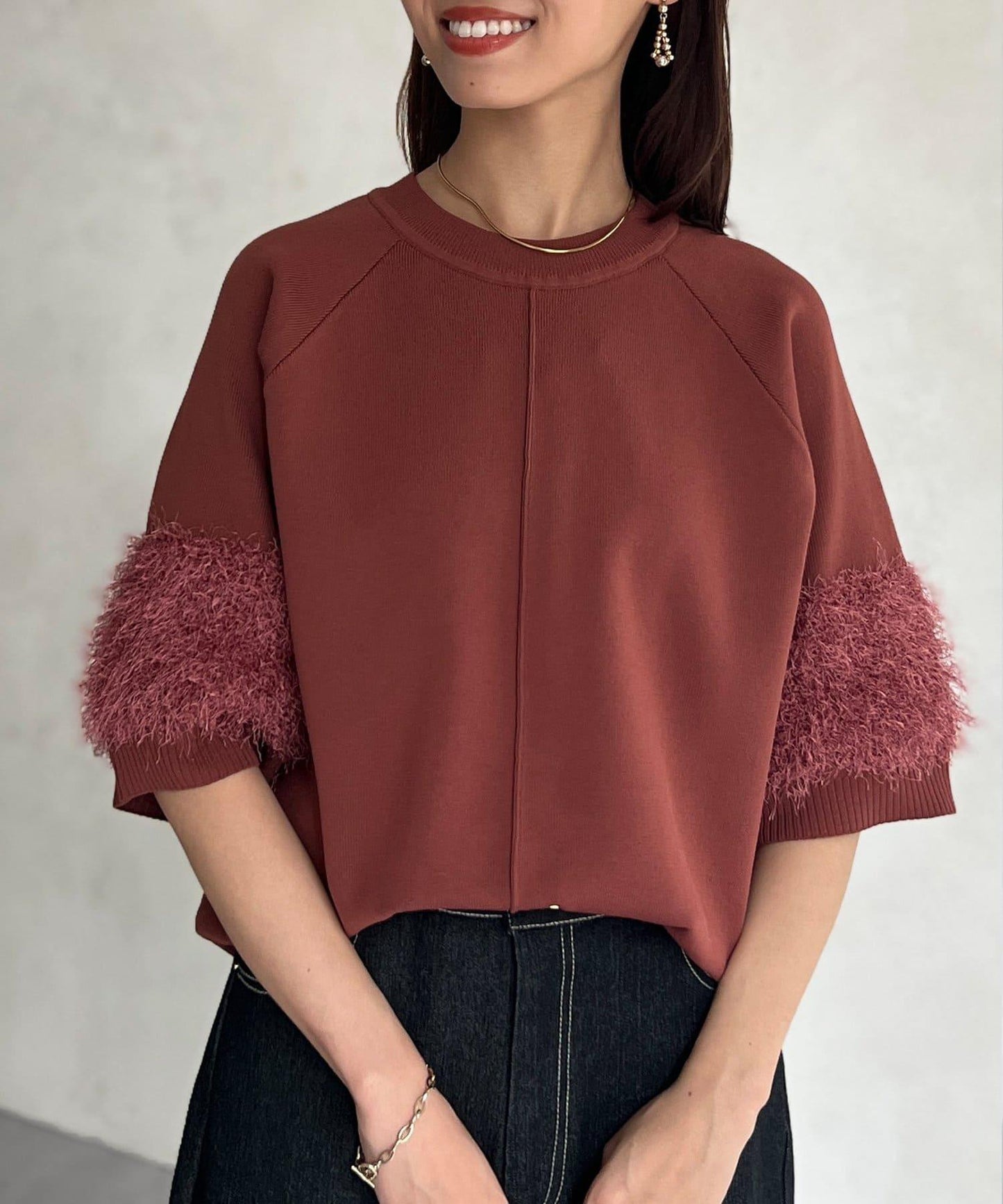 袖毛絨輕薄針織套頭衫