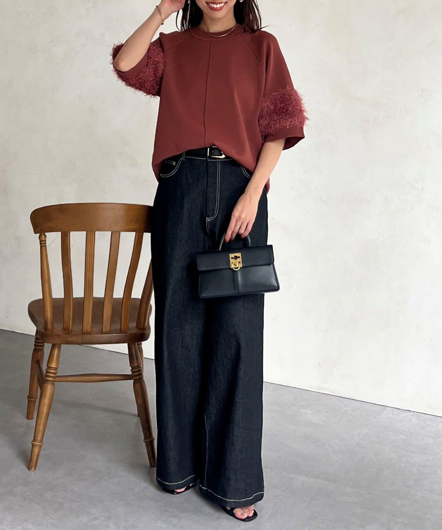 袖毛絨輕薄針織套頭衫