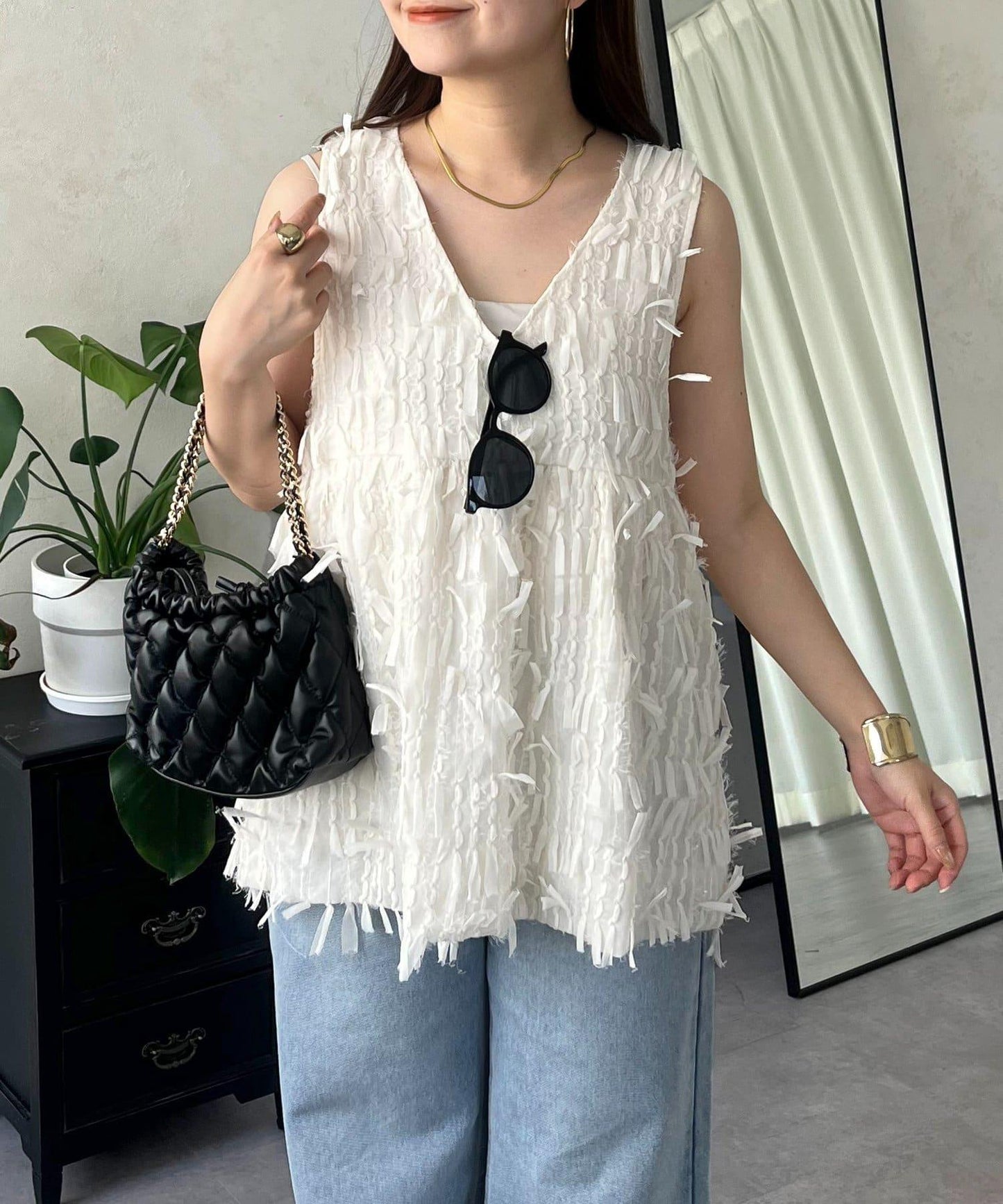 蝴蝶結流蘇V領荷葉邊背心