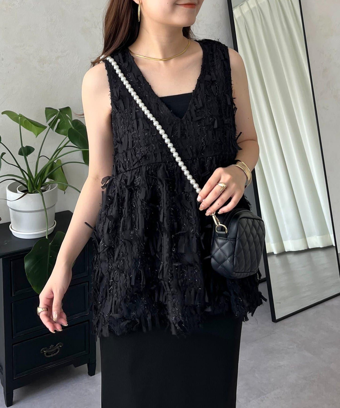 蝴蝶結流蘇V領荷葉邊背心