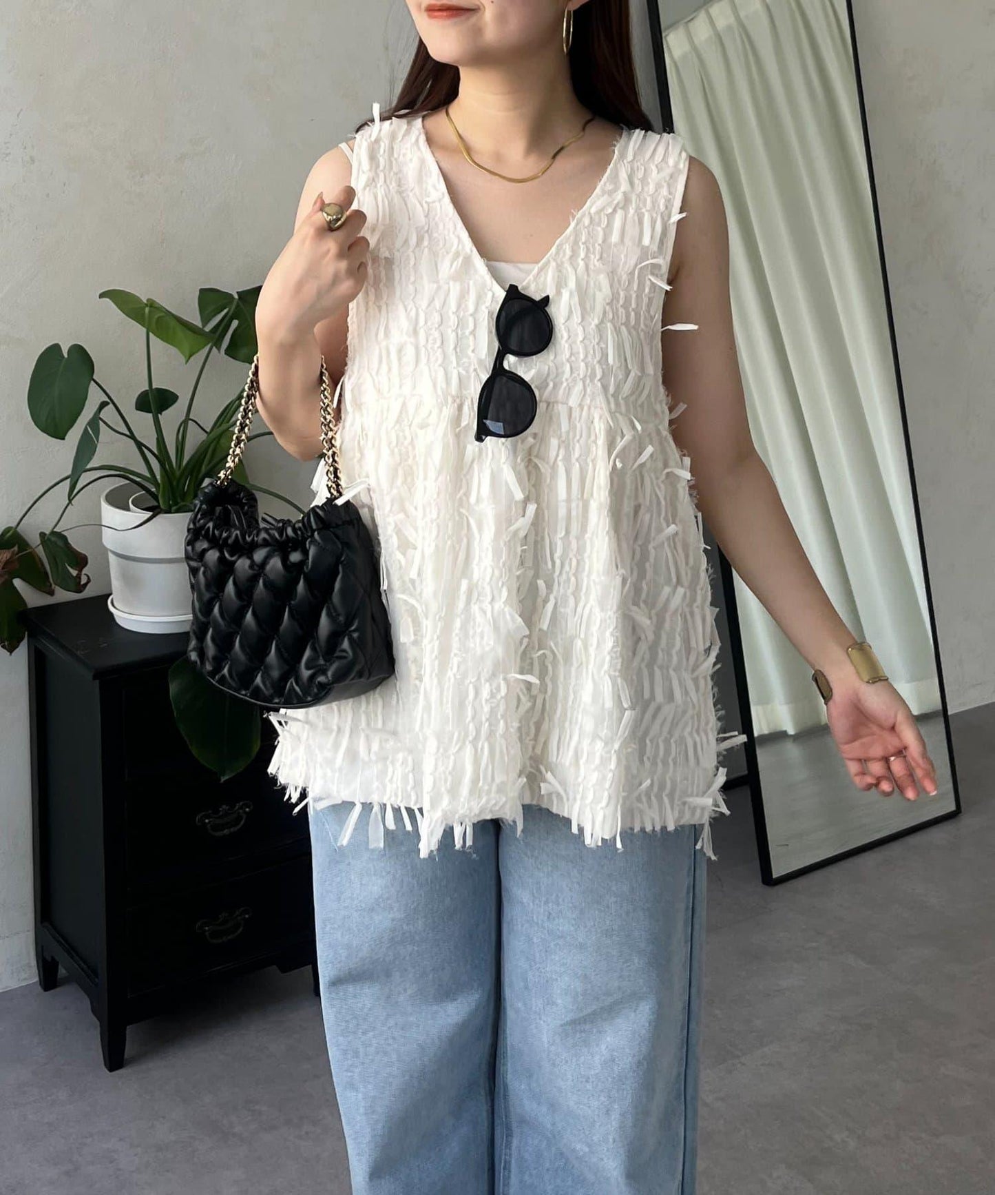 蝴蝶結流蘇V領荷葉邊背心