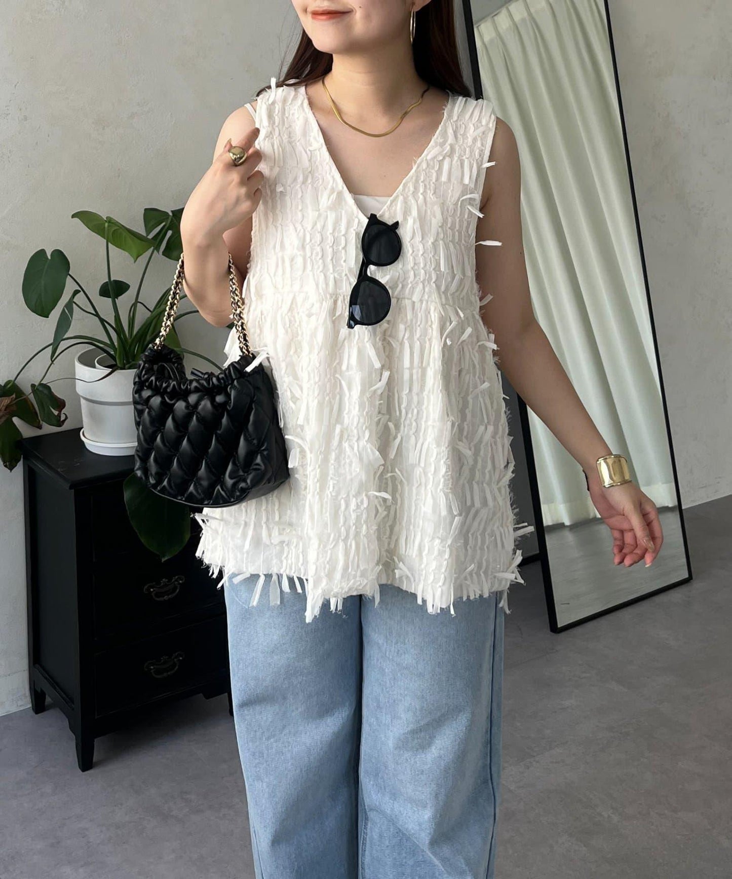 蝴蝶結流蘇V領荷葉邊背心