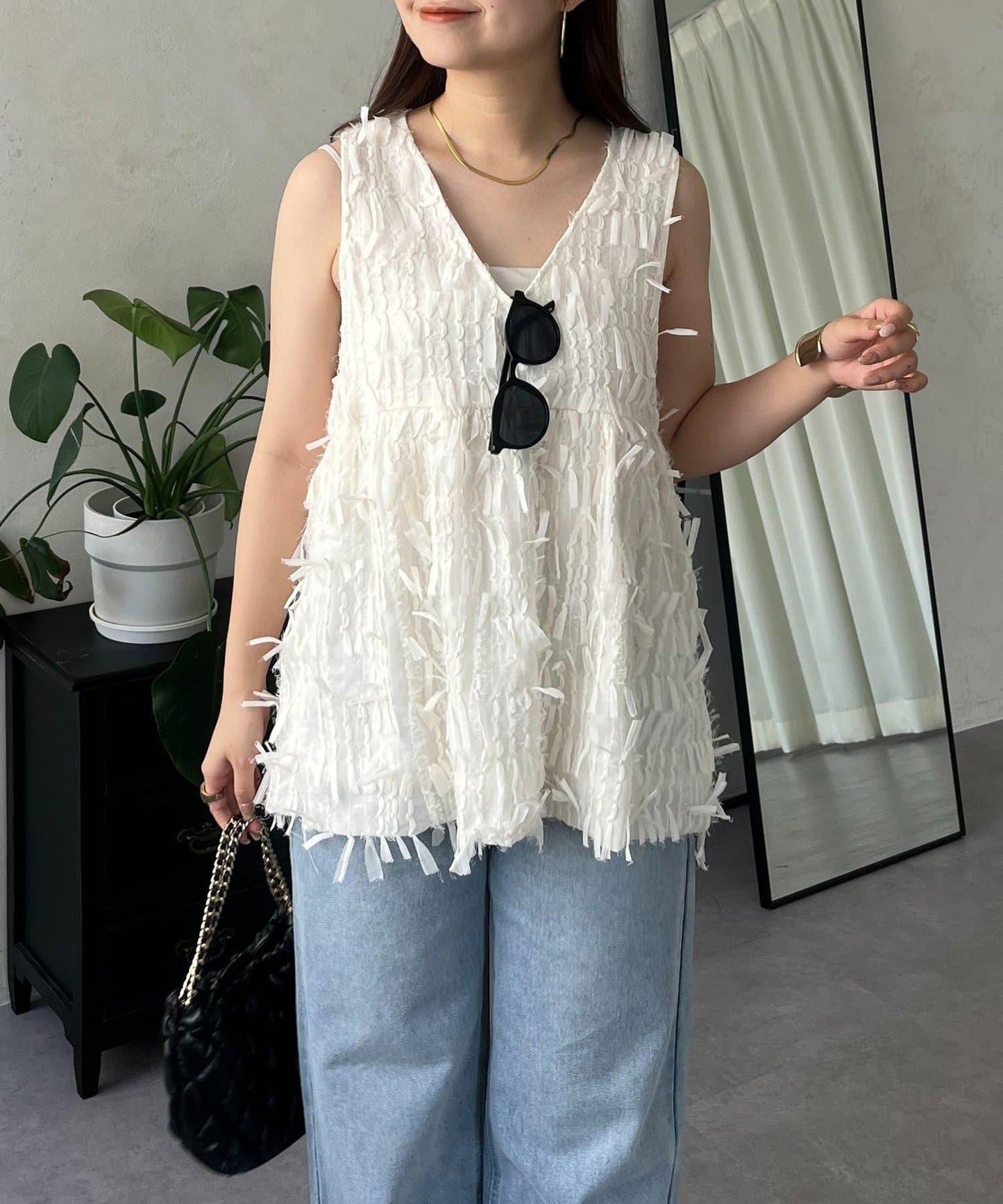蝴蝶結流蘇V領荷葉邊背心