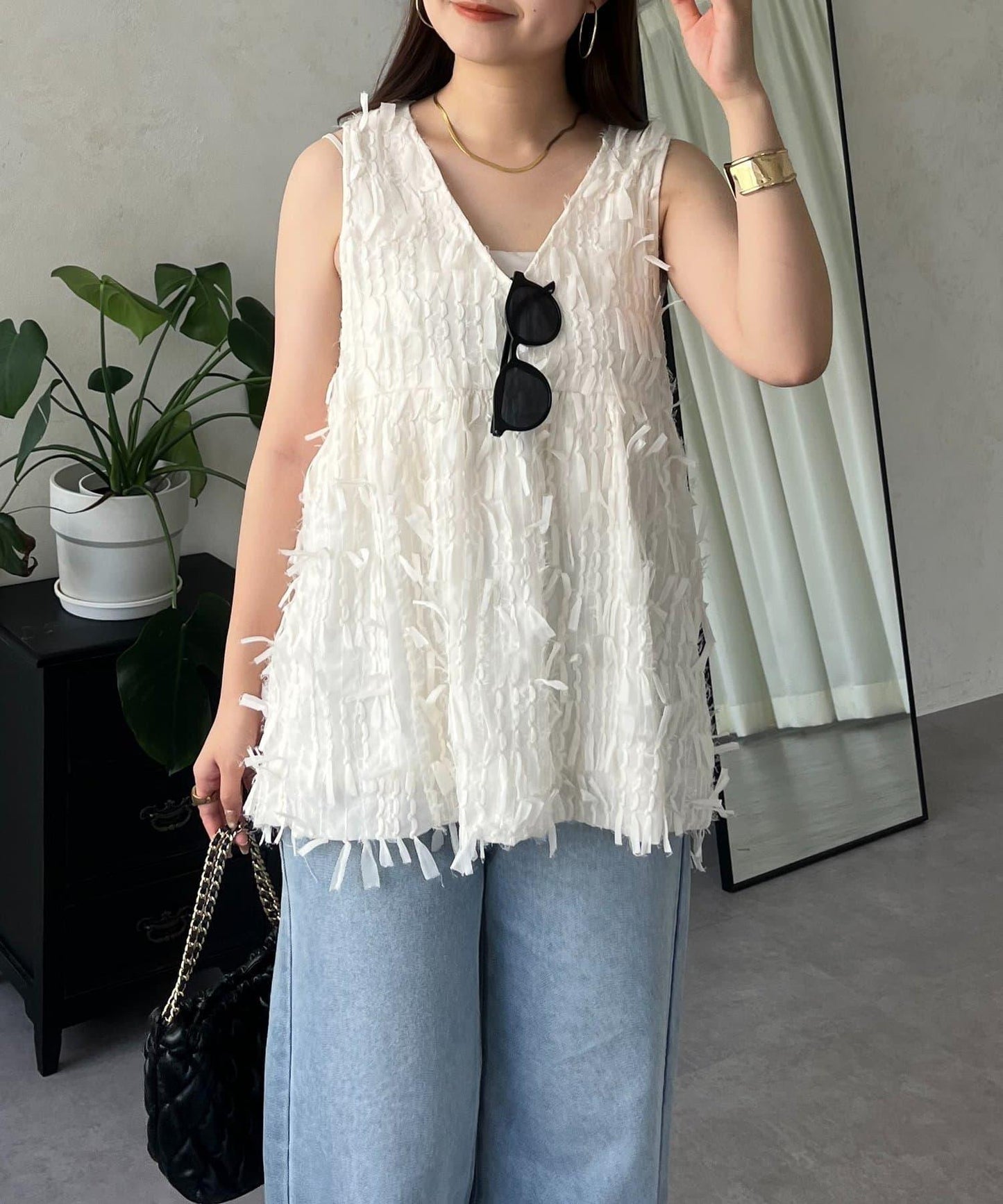 蝴蝶結流蘇V領荷葉邊背心