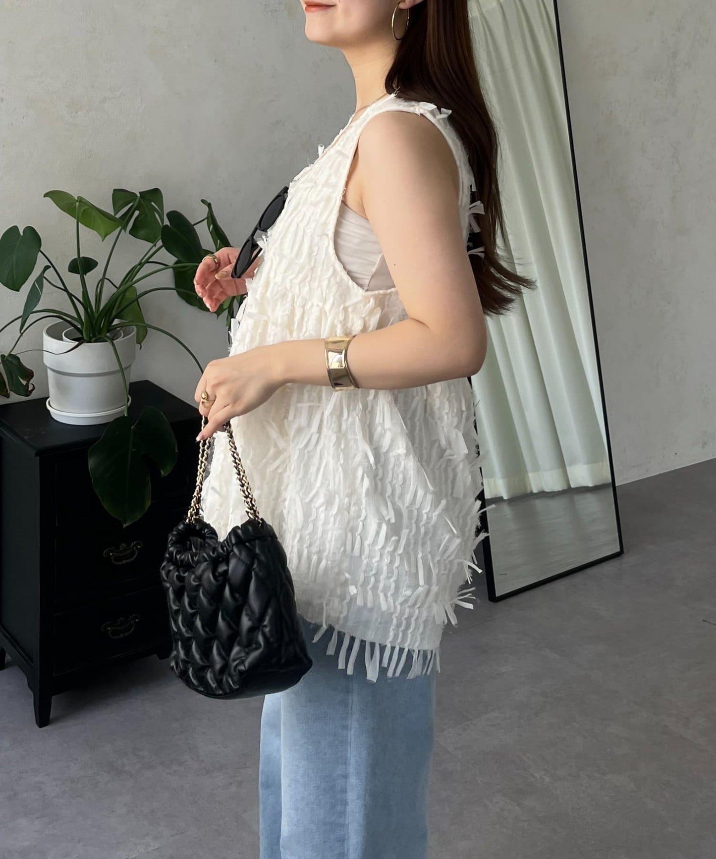 蝴蝶結流蘇V領荷葉邊背心