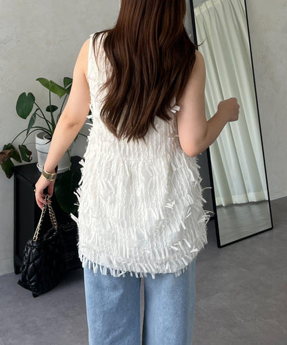 蝴蝶結流蘇V領荷葉邊背心