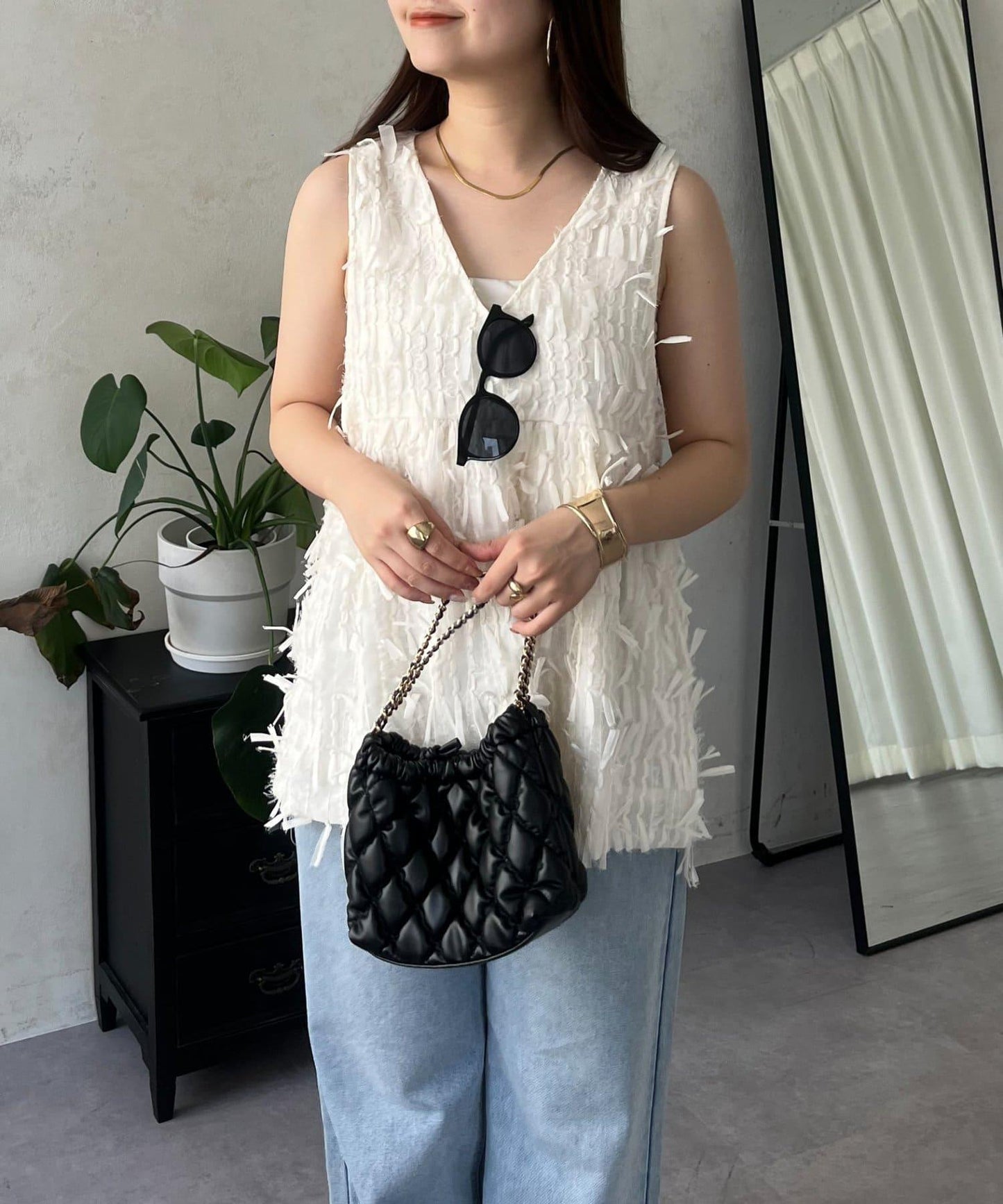 蝴蝶結流蘇V領荷葉邊背心