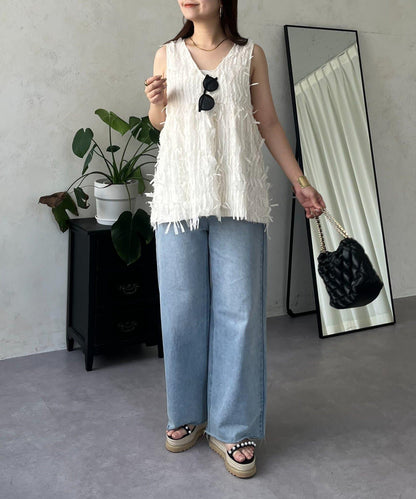 蝴蝶結流蘇V領荷葉邊背心