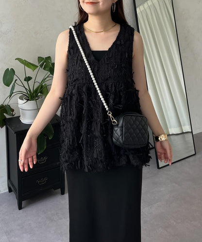 蝴蝶結流蘇V領荷葉邊背心