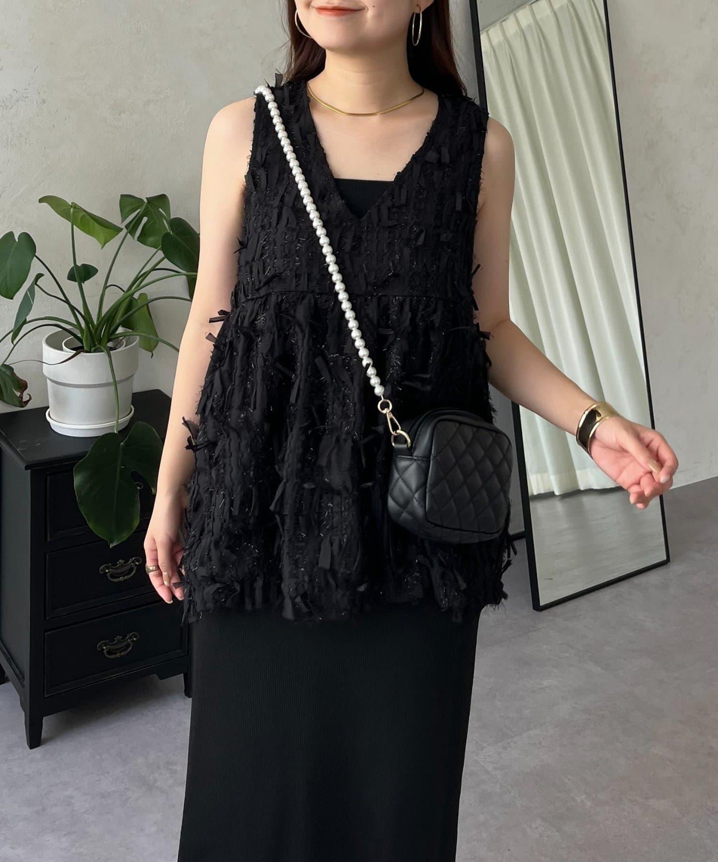 蝴蝶結流蘇V領荷葉邊背心