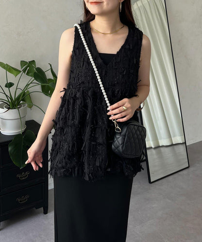 蝴蝶結流蘇V領荷葉邊背心